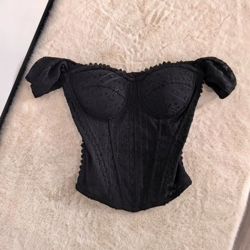 Sheer Sexy Off-Shoulder Corset Top with Exposed Collarbone, Mesh Waist-Cinching Fishbone Design, Slim-Fit Straight Tube Top