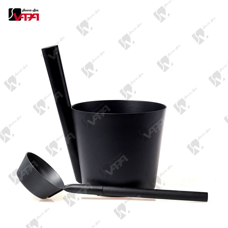 Anodized, export quality 5L conical bamboo stick aluminum sauna bucket, aluminum spoon, sauna accessories for sauna rooms.