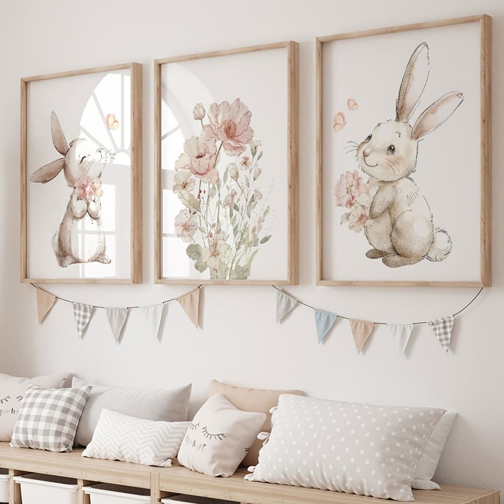 Cross-border cartoon Easter bunny flower canvas painting children's bedroom decoration frameless hanging painting core poster