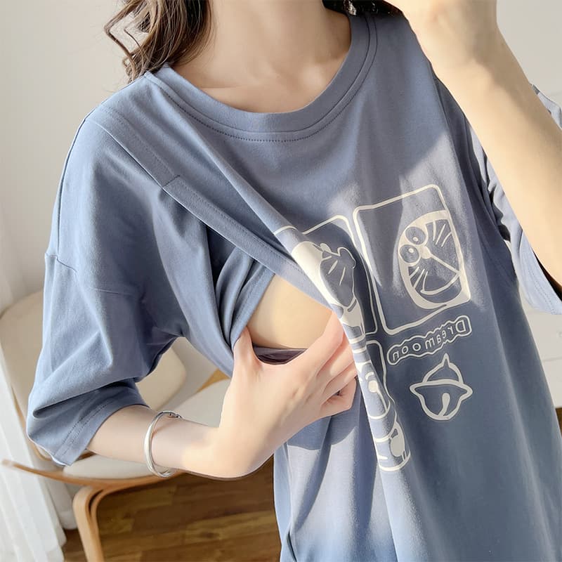 Cotton Nursing Top for Outings, Fashionable Mom Style, Spring/Summer Short Sleeve T-Shirt, Breastfeeding Top