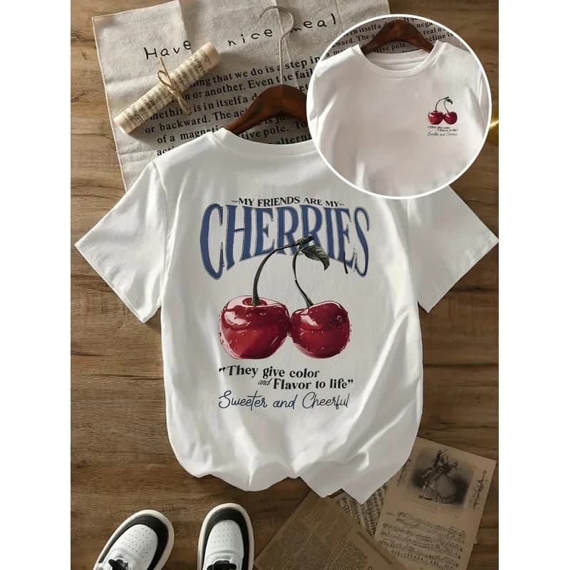 Ouma Pure Cotton Summer Sweater Cherries Prints T-Shirts Women's Cotton