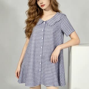 New Summer Plaid Lapel Short Sleeve Dress for Women, Loose Casual European and American Style Mid-Length Sleep Dress Homewear