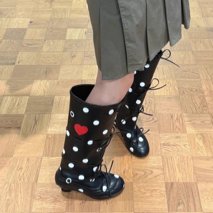 Trendy New Genuine Leather Polka Dot Ballet Lace-Up Long Boots for Women, Fashion High Heel Boots with Wide Calf, High-Top Style Women's Boots