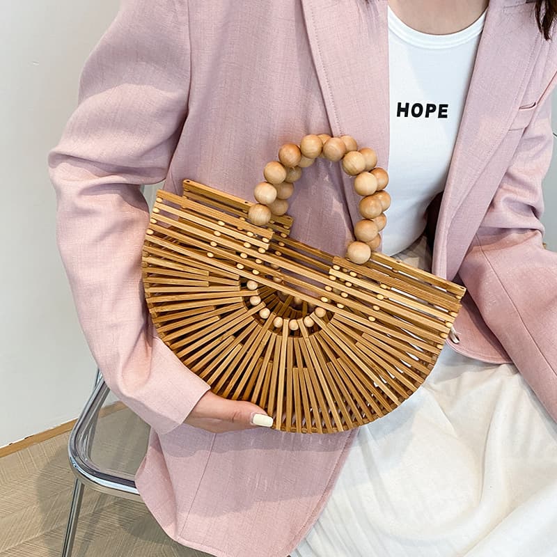 Bamboo Woven Bag 2022 Summer New Forest Style Girl Fashion Hollow Woven Bag Small Fragrance Pearl Handbag Trendy