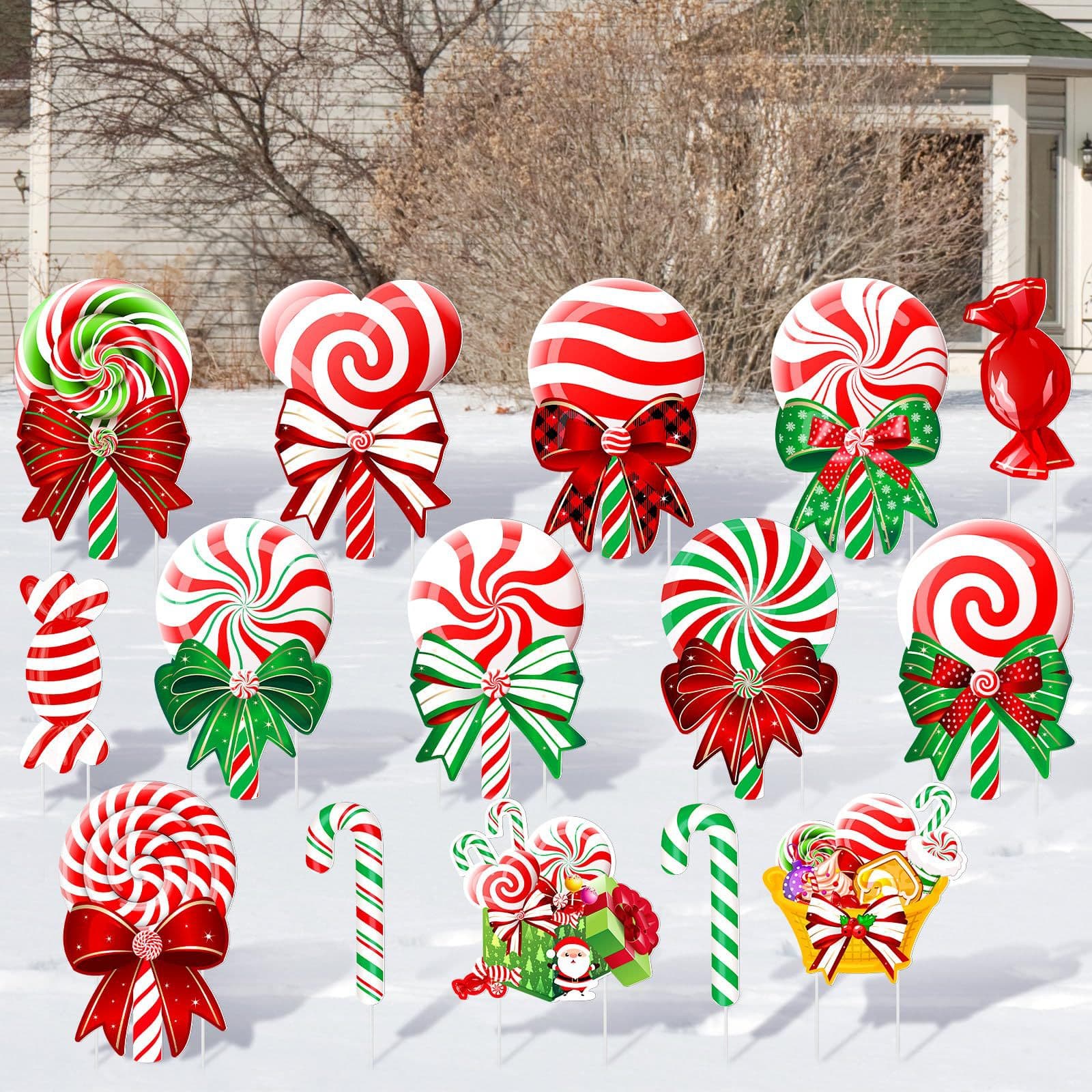 Christmas Yard Signs with Bow Tie and Mint Candy Decorations, Stake-Included Garden Markers