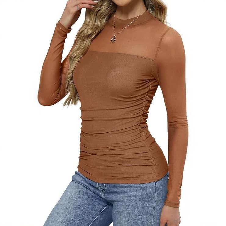 26 Cross-Border Mesh Long Sleeve Top Women's Mandarin Collar Sheer Slim Fit Going Out Top Sun Protection Top