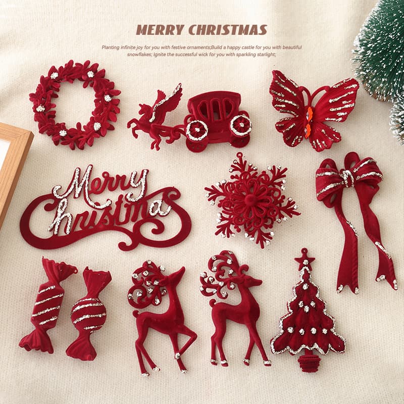 Cross-Border New Product Christmas Decoration Burgundy Flocking Garland Bow Elk Pendant Christmas Tree Decoration Pendant
