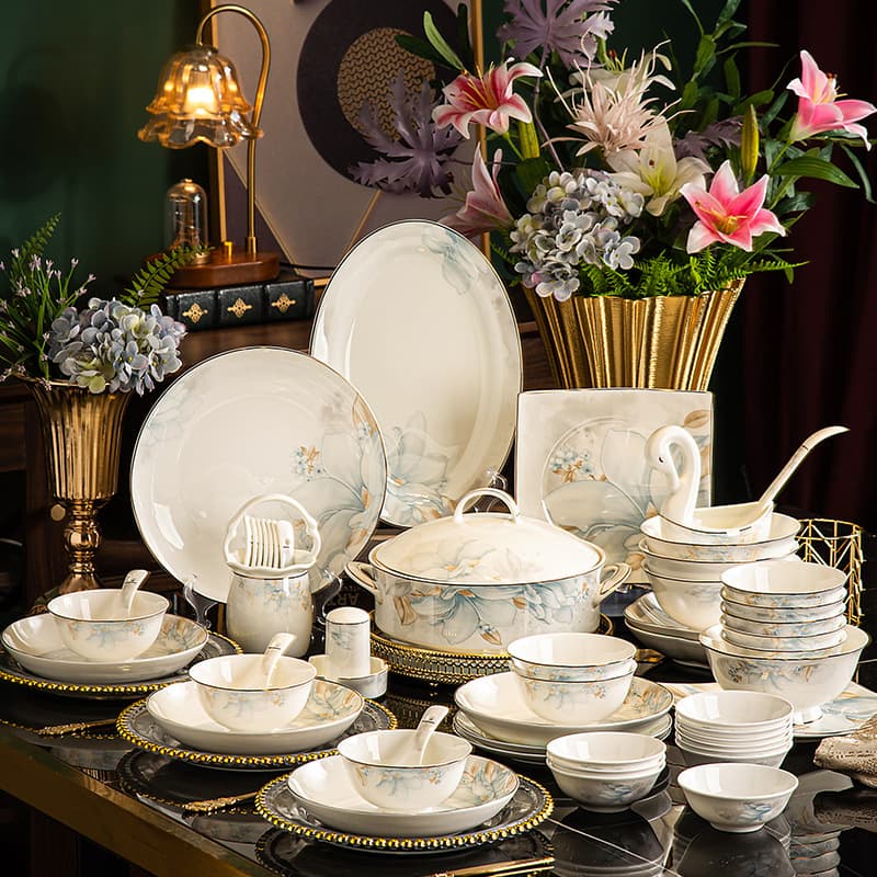 Jingdezhen Underglaze Color Bowl and Plate Set, High-End Bone China Dinnerware, Luxury Bowl and Chopstick Combination, Housewarming Gift