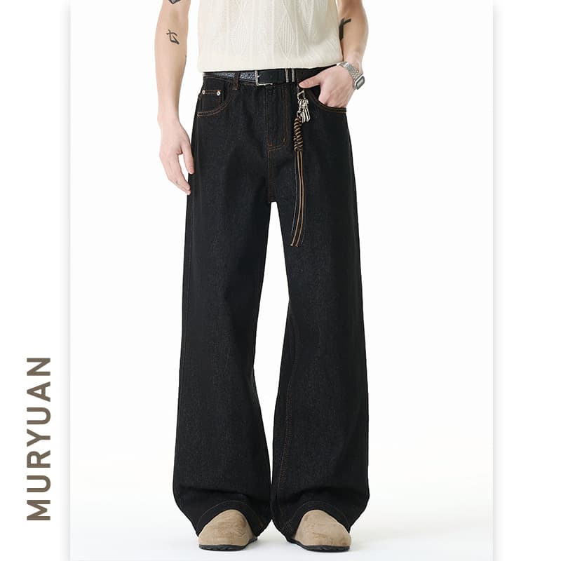 Muyuan Men's Tall Plus Length Raw Denim Simple Jeans Baggy Loose Fit Versatile Blue Straight Leg Pants