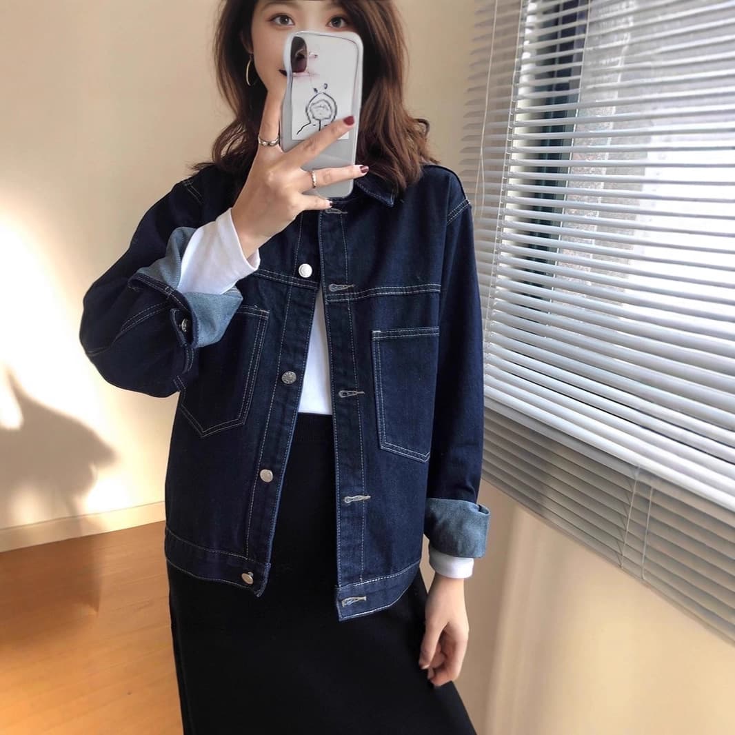Plus Size Women's Denim Jacket for Spring and Autumn, Korean Retro Style with Visible Stitching, BF Loose Fit Versatile Jacket Top Trendy
