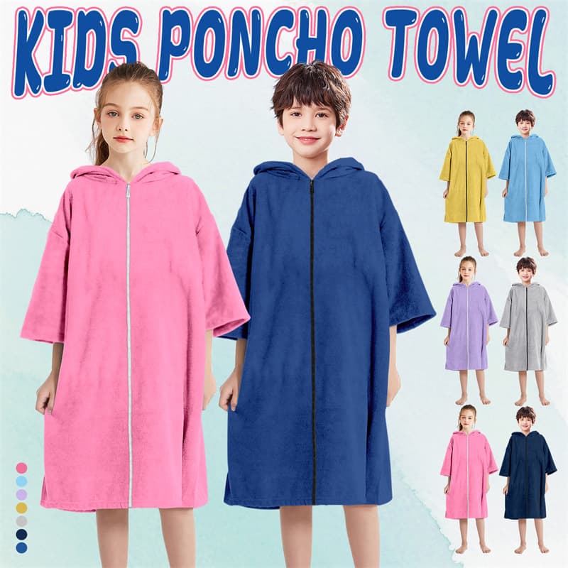 Cross-Border Microfiber Zipper Kids Bathrobe, Toddler & Youth Swim Beach Changing Poncho Towel