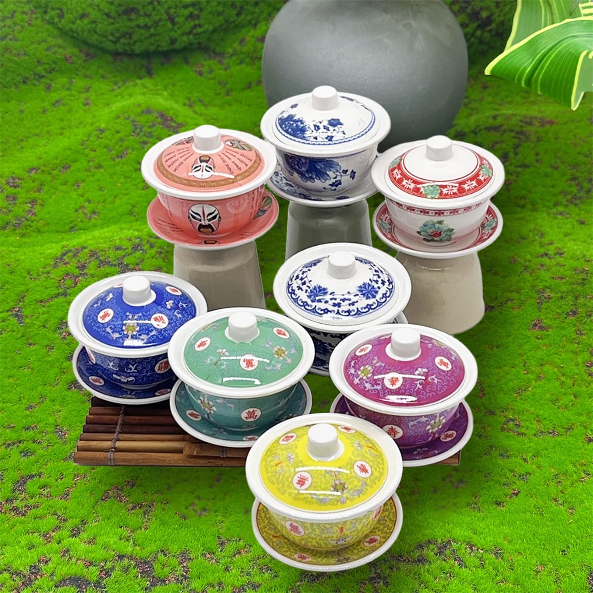 Chinese Retro Melamine Lidded Tea Cup Imitation Porcelain Commercial Use Nine-Square Grid Hot Pot Restaurant Bowl and Dish Tableware Plastic Tea Bowl with Lid