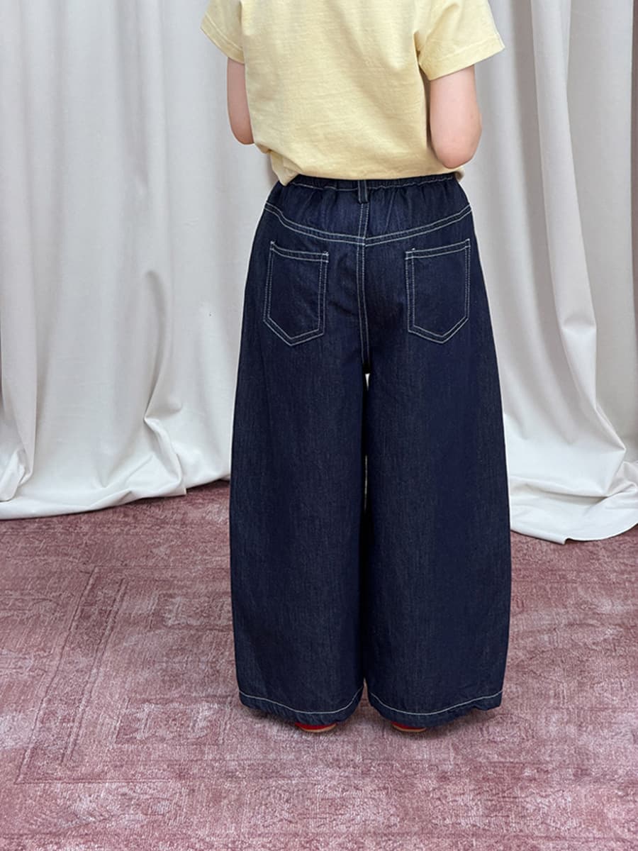 Aimo Beibei Kids Lightweight Washable Soft Denim Wide-Leg Pants for Girls, Korean Style Versatile Stitching Denim Trousers