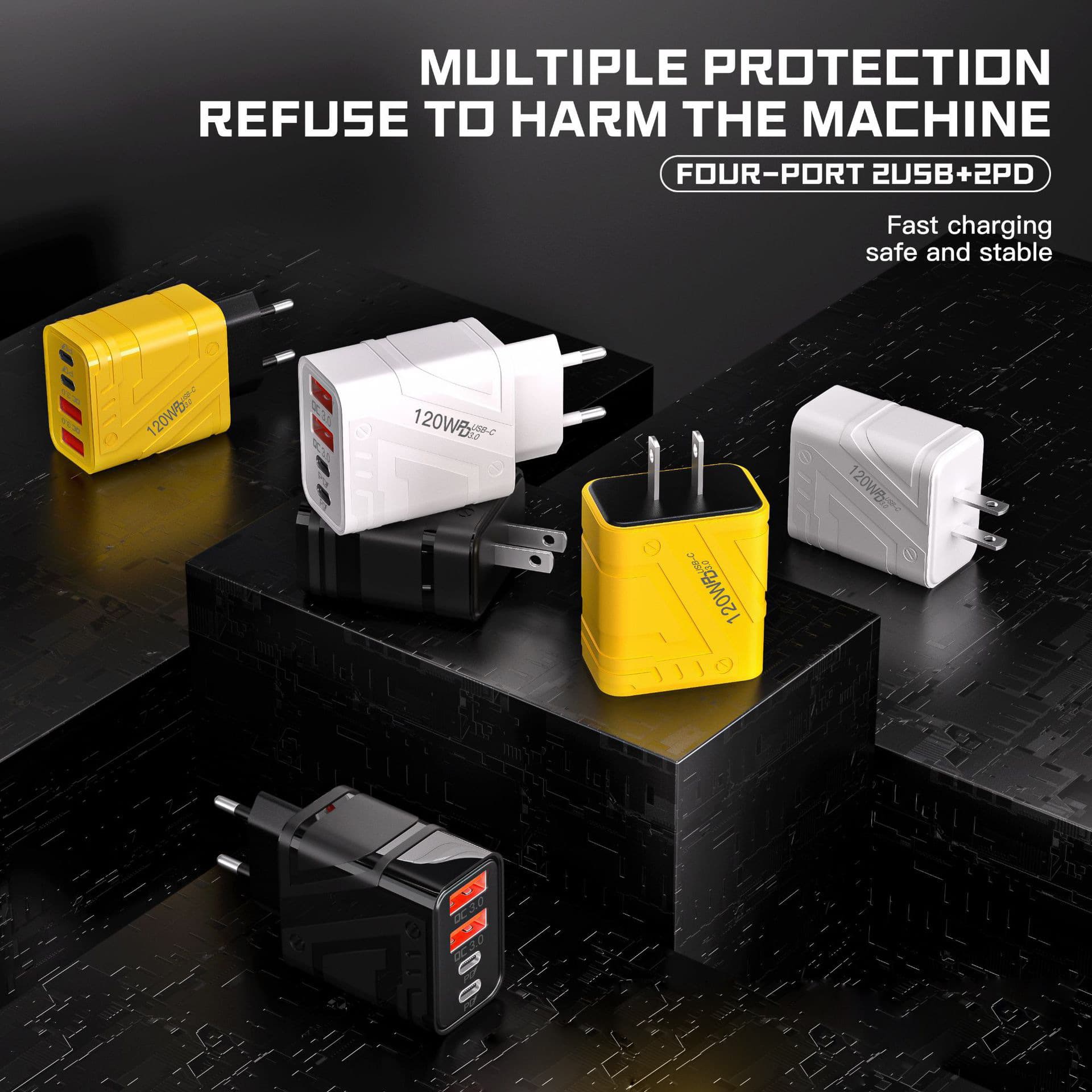 PD 120W Smart Charging Head Dual Type-C + Dual USB Multi-Port Adapter Mecha Style Fast Charger for Phones