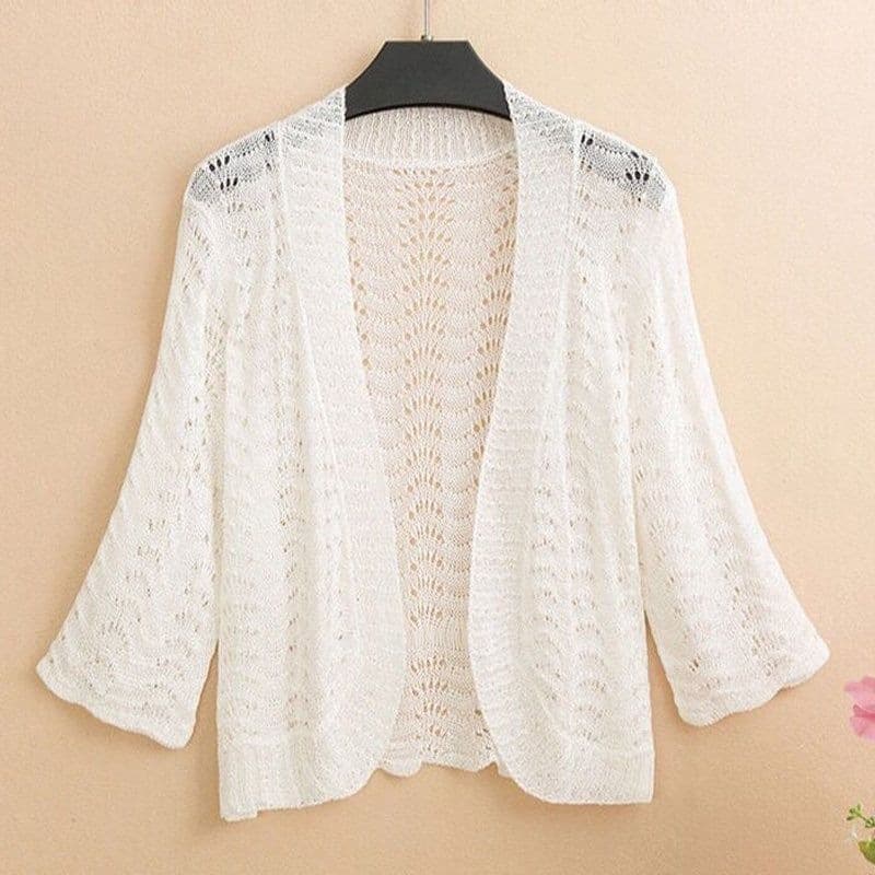 Small open-front cardigan with shawl, lace knit short jacket with beads, cool and refreshing sun-protection top
