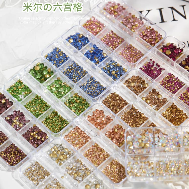 Nail art jewelry rhinestone tip bottom diamond explosive light pink lake blue transparent white 6 grid boxed nail jewelry diamond wholesale