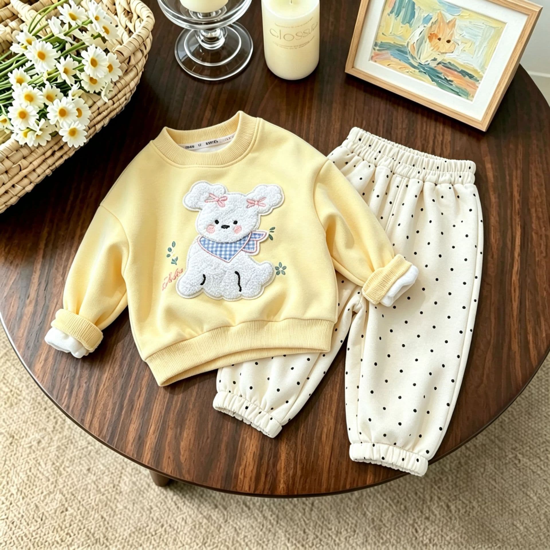Girls' New Autumn Winter Clothing Children's Sweatshirt Casual Fleece-Lined Set Two-Piece Outfit for 1-Year-Old Baby Girls
