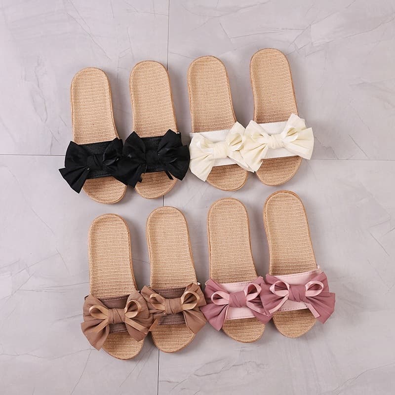 Women's Summer Indoor Outdoor Home Floor Anti-slip Office Sandals Cute Butterfly Knot Linen Slippers Comfortable Flat Shoes
