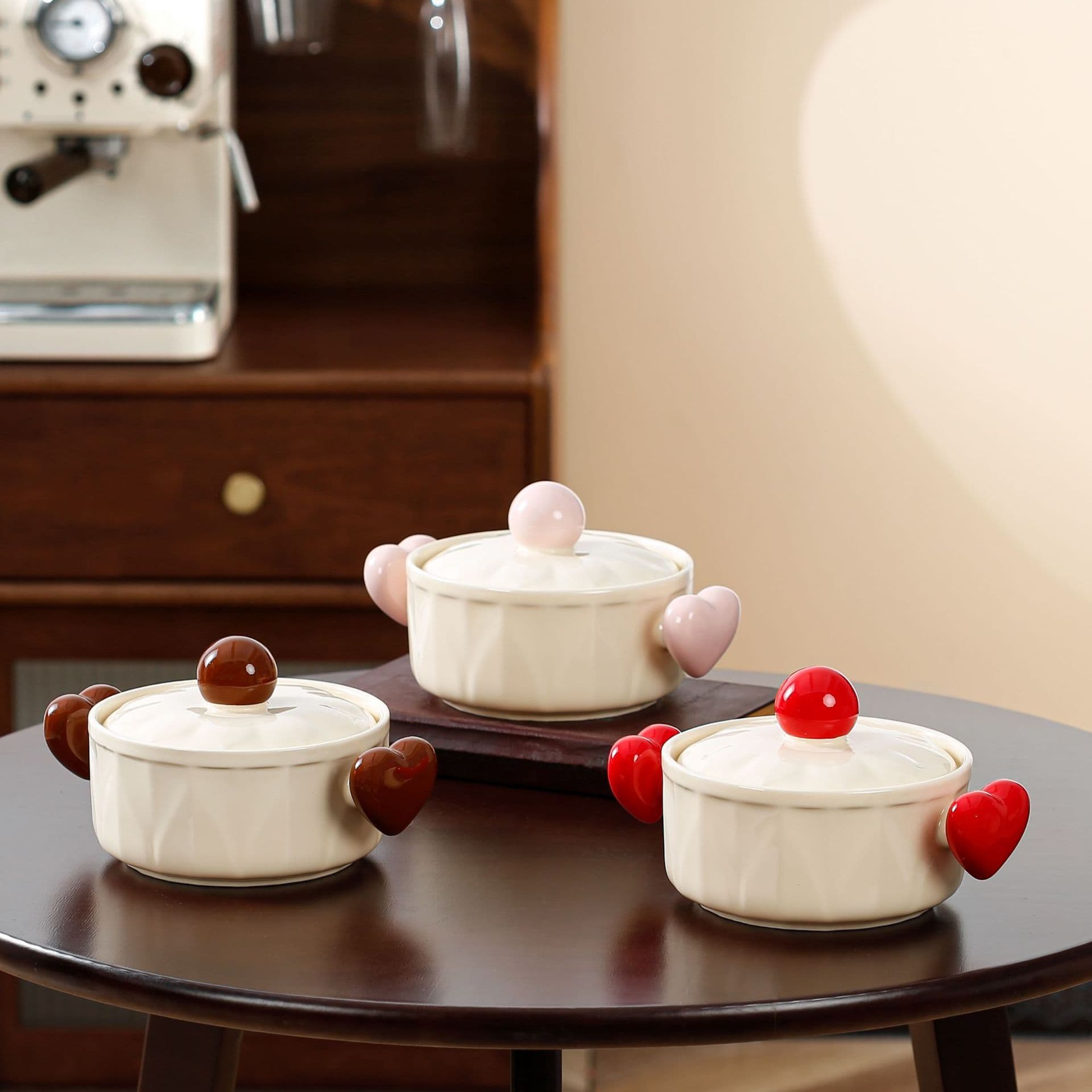 Cross-border INS Cream Style Light Luxury Heart-shaped Double-handle Creative Instant Noodle Bowl High Aesthetic Value with Lid Practical Ceramic Large Soup Bowl