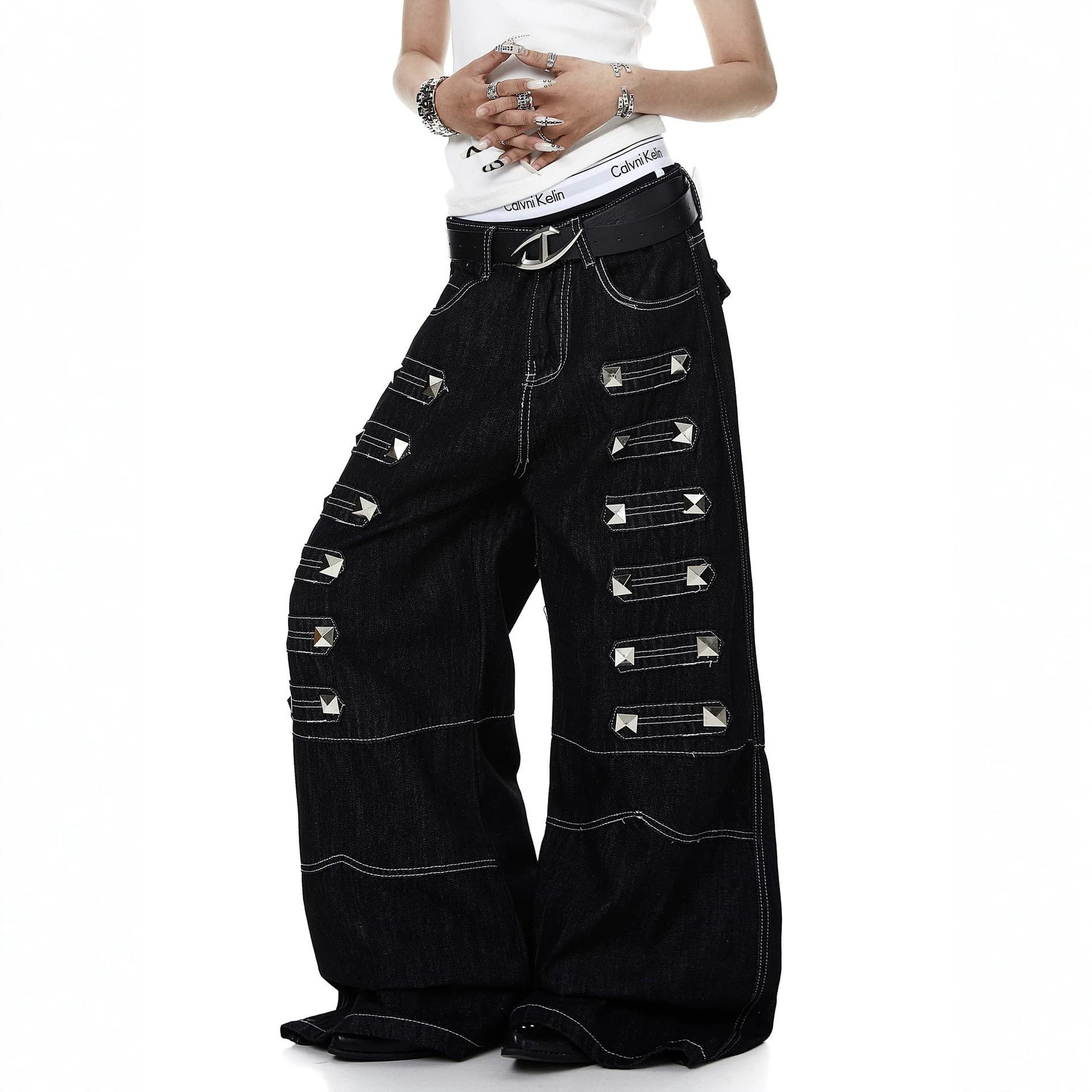 American heavy industry three-dimensional large rivet jeans for men and women, open-stitched design, light Asian style punk original color bootcut pants