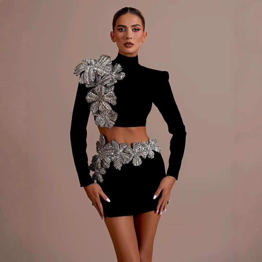 New Cross-Border Fashion Bandage Set: Long-Sleeve Embellished Half-Turtleneck Top and Short Bodycon Skirt, Black Two-Piece Set