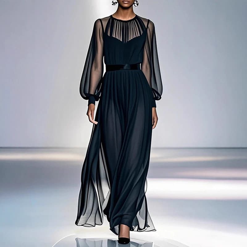 Cross-border European and American fashion new long skirt French high-end temperament black waist two-piece mesh dress