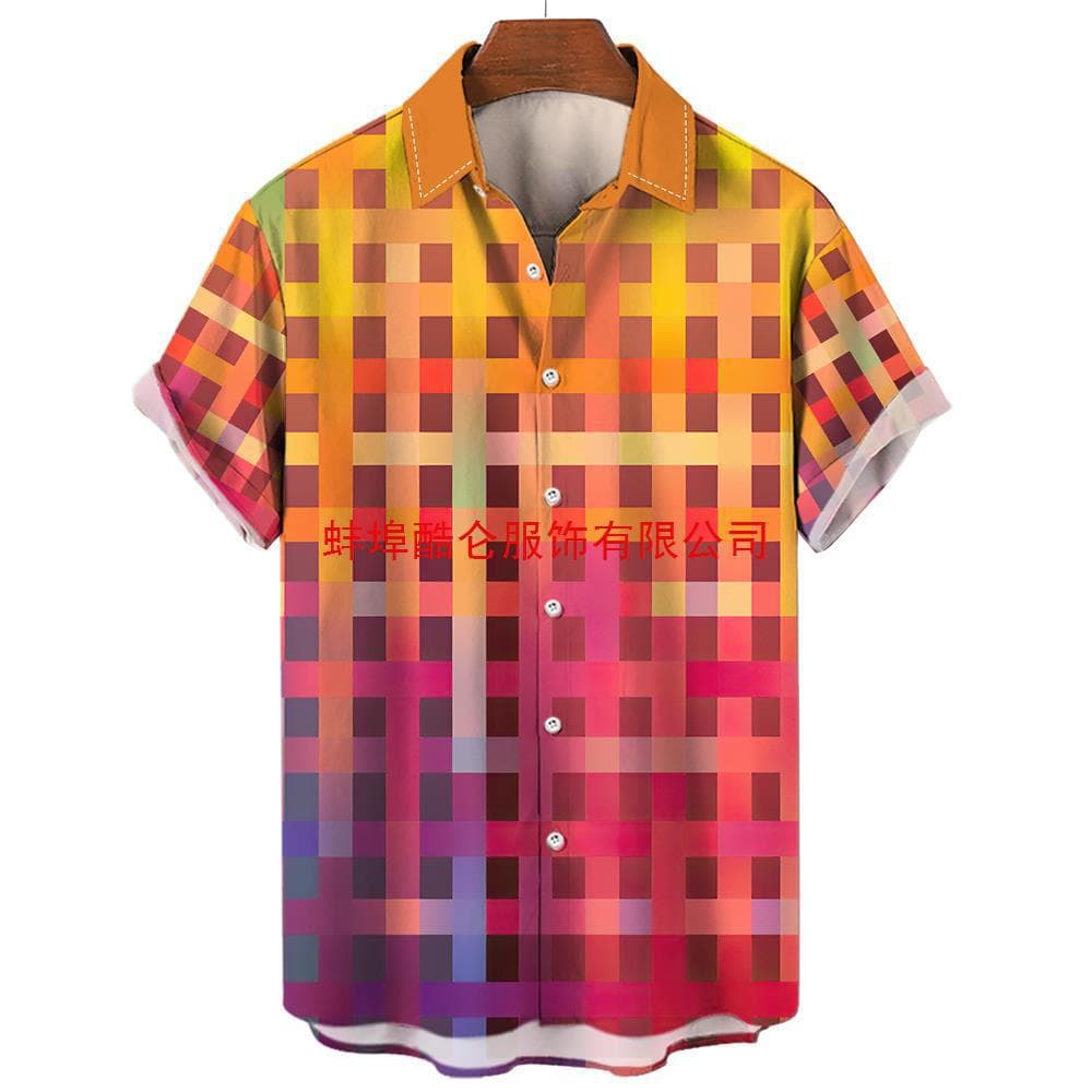 Hawaiian Rainbow Colorful Plaid Shirt Men's Oversized 3D Fashion Casual Short-Sleeved Simple Button-Down Beach Clothing