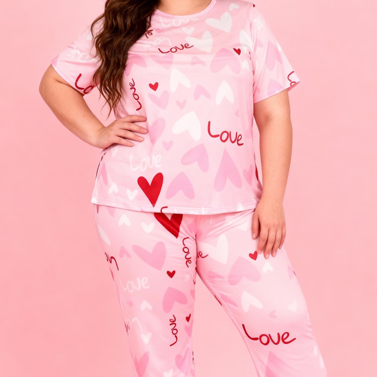 Plus Size Valentine's Day Love Print Women's Pajama & Loungewear Set for Cross-Border Wholesale