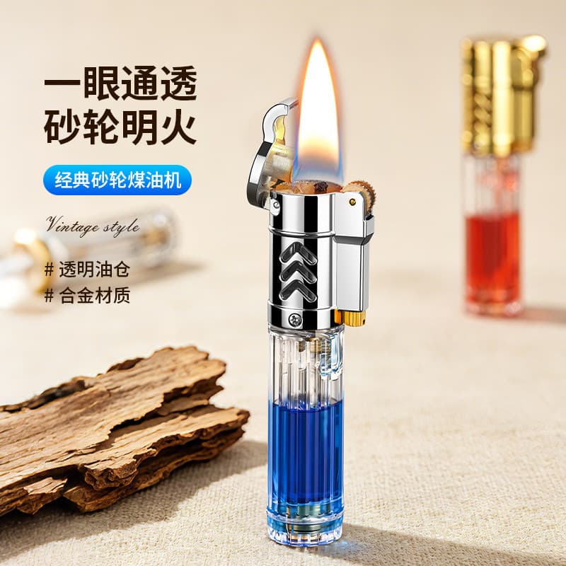 Factory Direct Wholesale Vintage Flint Wheel Lighter Compact Portable Travel Kerosene Lighter Transparent Fuel Tank Cross-Border