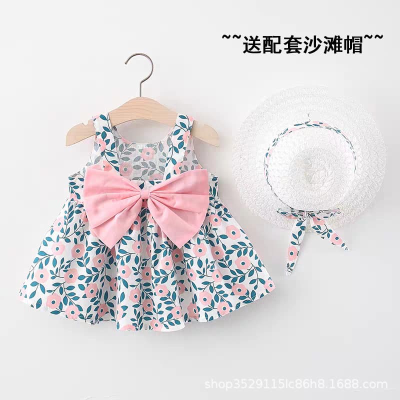 2025 Summer New Baby Dress Big Bow Straw Hat Skirt Girls Korean Sling Dress Hat