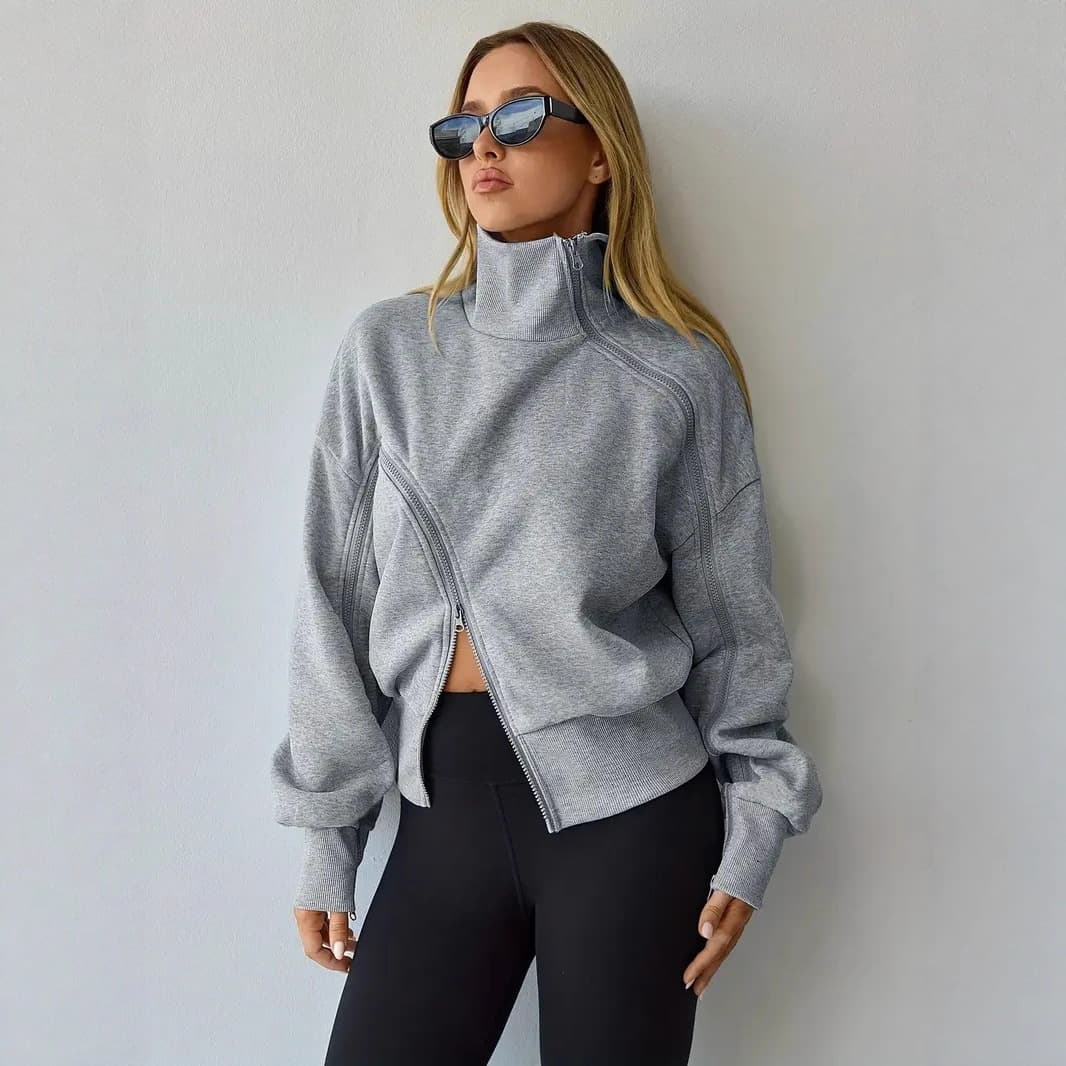 Independent Station Cross-Border Stand Collar Contrast Zipper Design Niche Stylish Short Half-High Neck Sweatshirt Europe and America