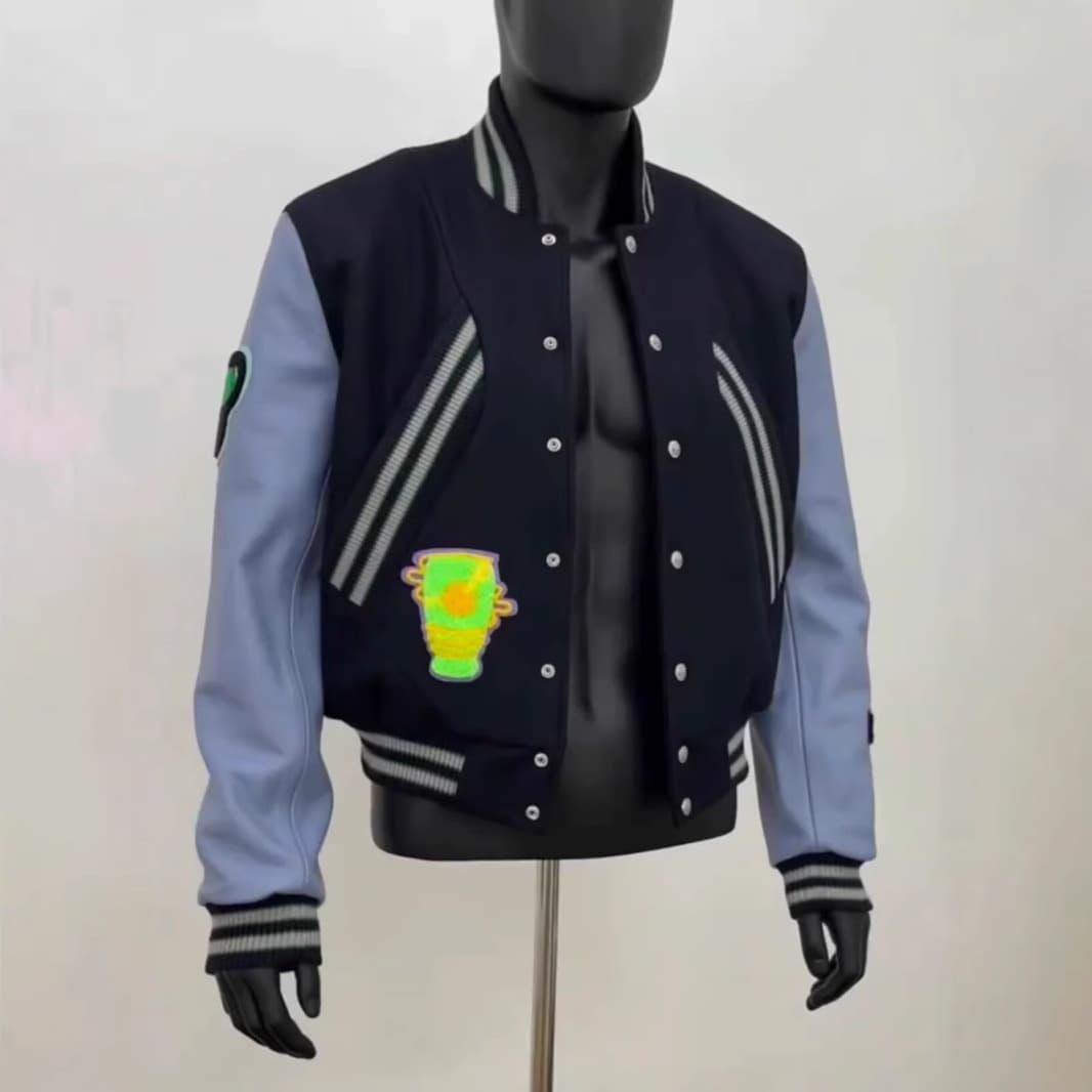 American Retro Blue Leather Sleeve Baseball Jacket Autumn/Winter Streetwear KIKO Embroidered Wool Short Jacket Baseball Jacket