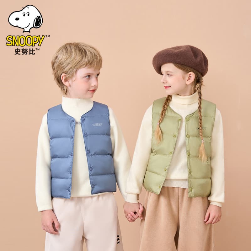 Snoopy Children's Down Vest for Layering or Outerwear Sleeveless Lightweight 90% White Duck Down Vest Stylish