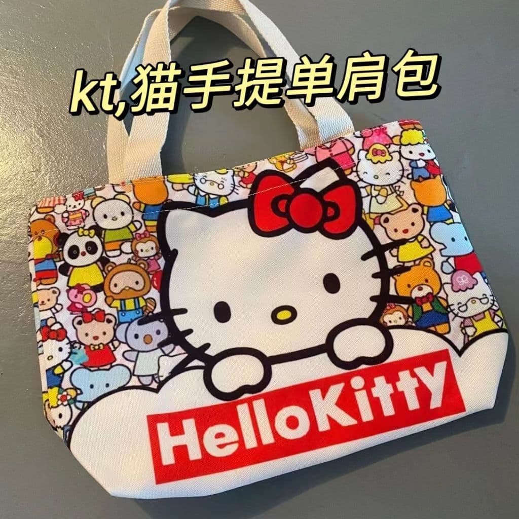 Hello Kitty Tote Bag Red Canvas Handbag Ins Style Cartoon Female Student Lunch Bag