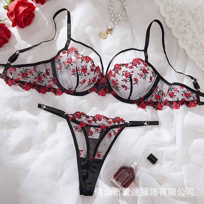 Y European and American Bra Set Cross-border High Quality Transparent Embroidery Sexy Lingerie Set Black Erotic Lingerie 25041
