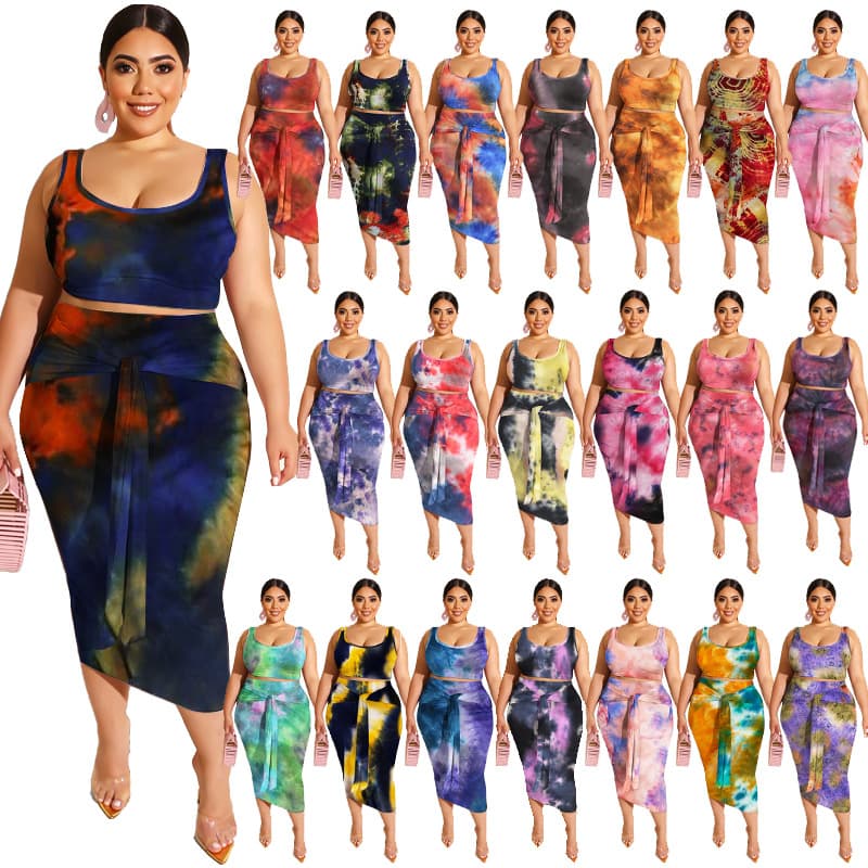 20778 cross-border summer new style tie-dye printed tight hip-hugging fashion casual suit plus size women's two-piece set