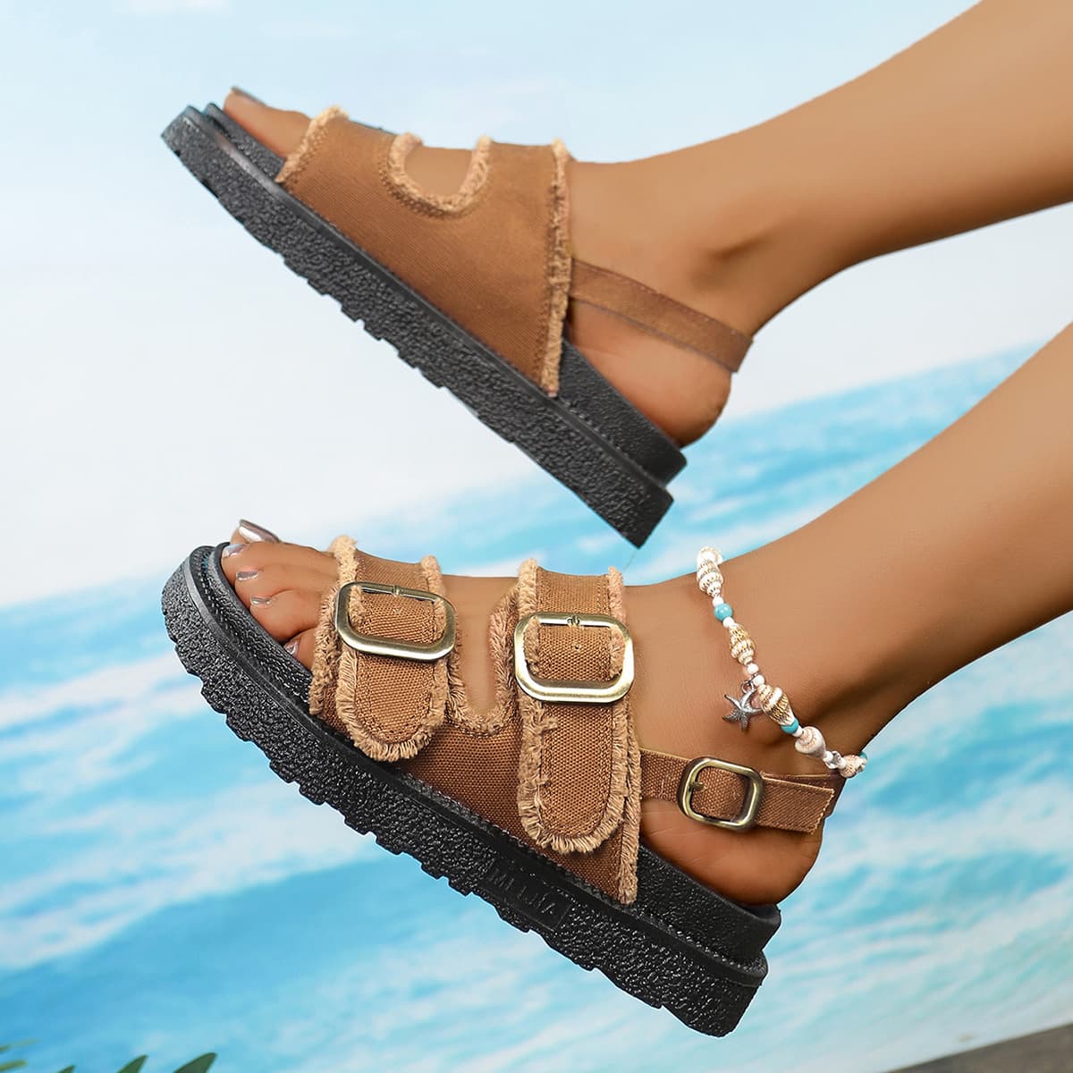 European Style Trendy Denim Thick Sole Sandals for Women 2025 Summer New Fashion Versatile One-Strap Birkenstock Sandals Wholesale