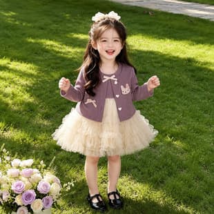 Girls Autumn Outfit Set 2026 New Trendy Baby Girl Bow Cardigan Dress Two-Piece Set
