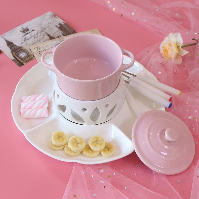Ceramic Ice Cream Hot Pot Chocolate Fondue Set with Lid, Small Hot Pot Stove, Cheese Fondue, Cute Hot Pot Stove