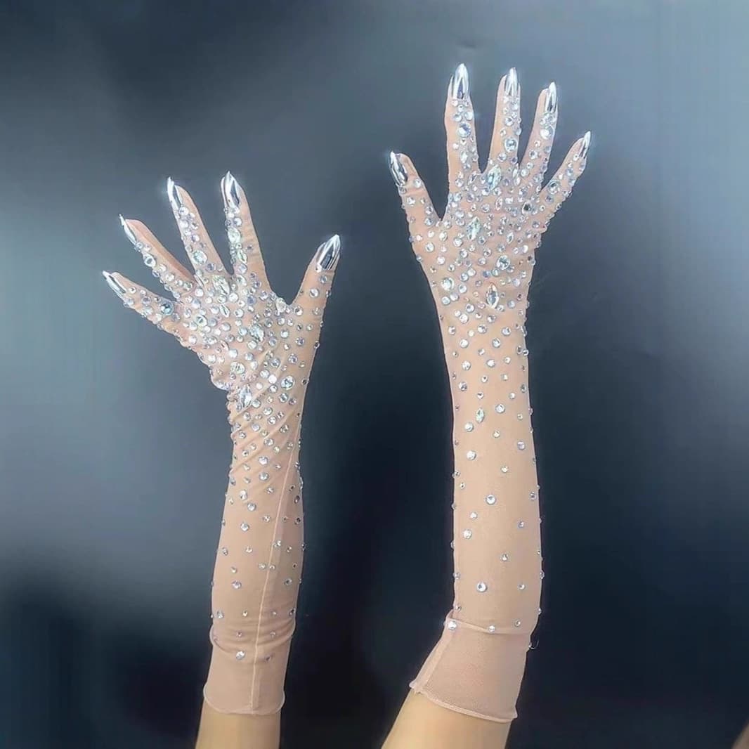 New halter neck shiny diamond sexy birthday party luxury gloves company annual gala evening dress crystal mesh gloves