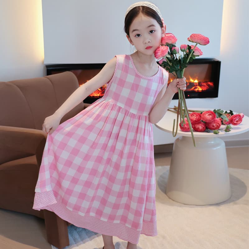 Grid Long Dress for Girls, Pink Summer Beach Children's Dress, Sleeveless Cotton Princess Dress for Girls, Lightweight
