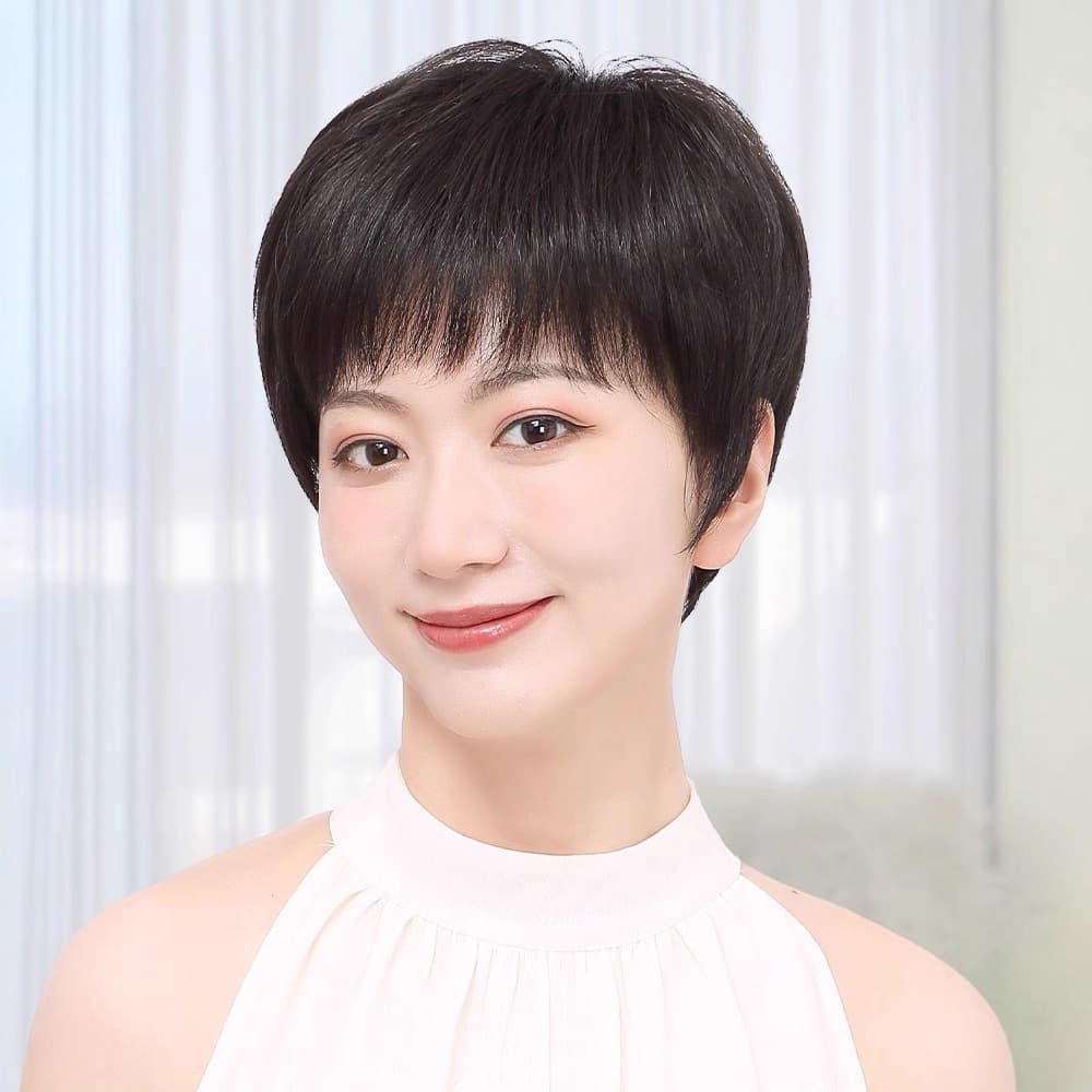 Short Wig Full Cap for Women Real Human Hair Middle-Aged and Elderly Mother Style Full Human Hair Hand-Tied Whole Wig