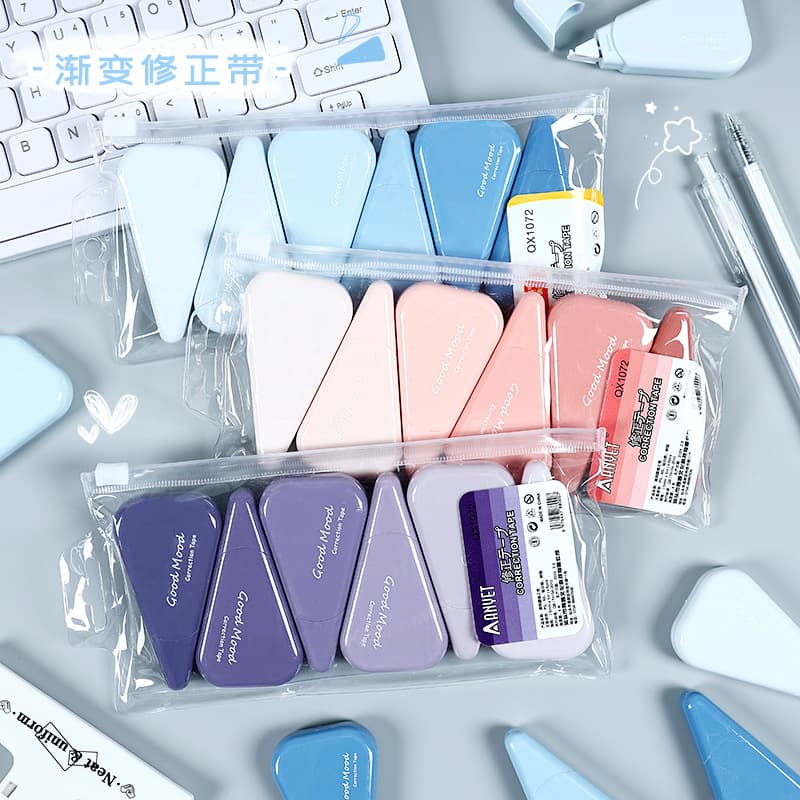 Correction tape for students with high-looking gradient. Correction tape for junior high school students. Correction tape for students. School supplies for the beginning of school season.