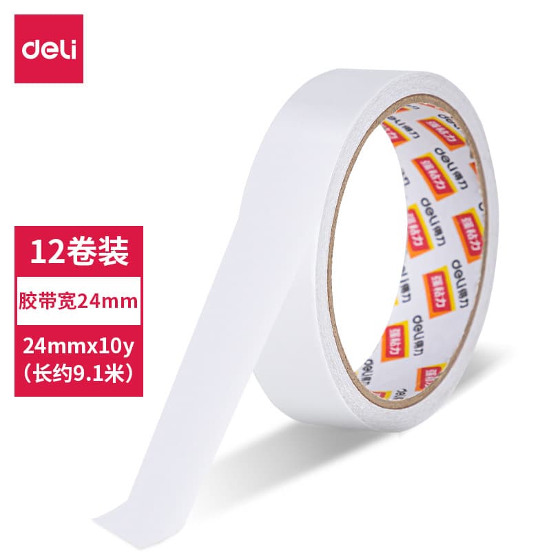 Deli 30403 Cotton Paper Double-Sided Tape 24mm*10y*80um (White) (12 Rolls/Bag)