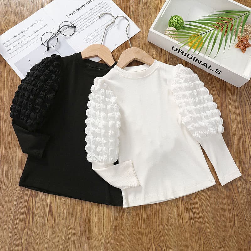 Girls' Base Layer Spring/Autumn 2025 Semi-High Neck Puff Sleeve Thickened, Children's Long-Sleeve T-Shirt Girls' Baby Top Cross-Border