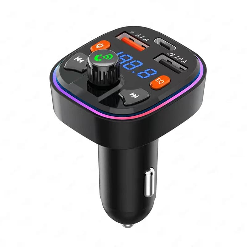 Car charger with FM transmitter, Bluetooth hands-free calling, MP3 player, true 3.1A dual USB ports, supports PD fast charging.