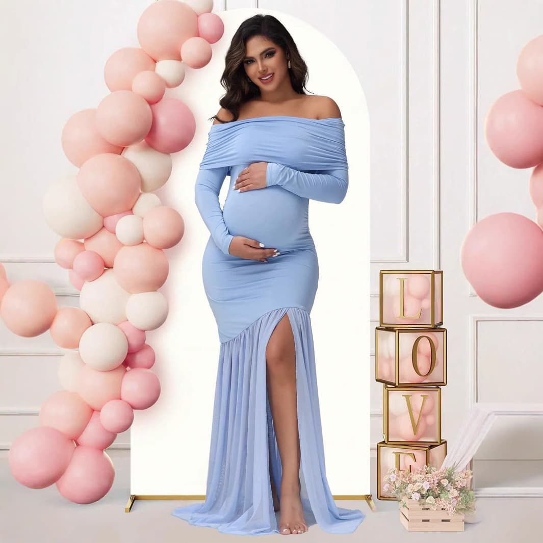 European and American Maternity Dress Long Sleeve Off-Shoulder Maternity Gown Elegant Fitted Bodycon Mesh Patchwork Formal Maternity Dress