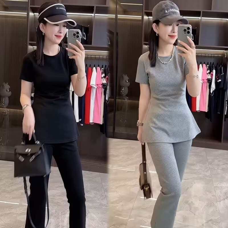 Summer New Sports Fashion Slimming Suit, Elegant Loose-Fitting Short-Sleeved Casual Simple Two-Piece Set for Women