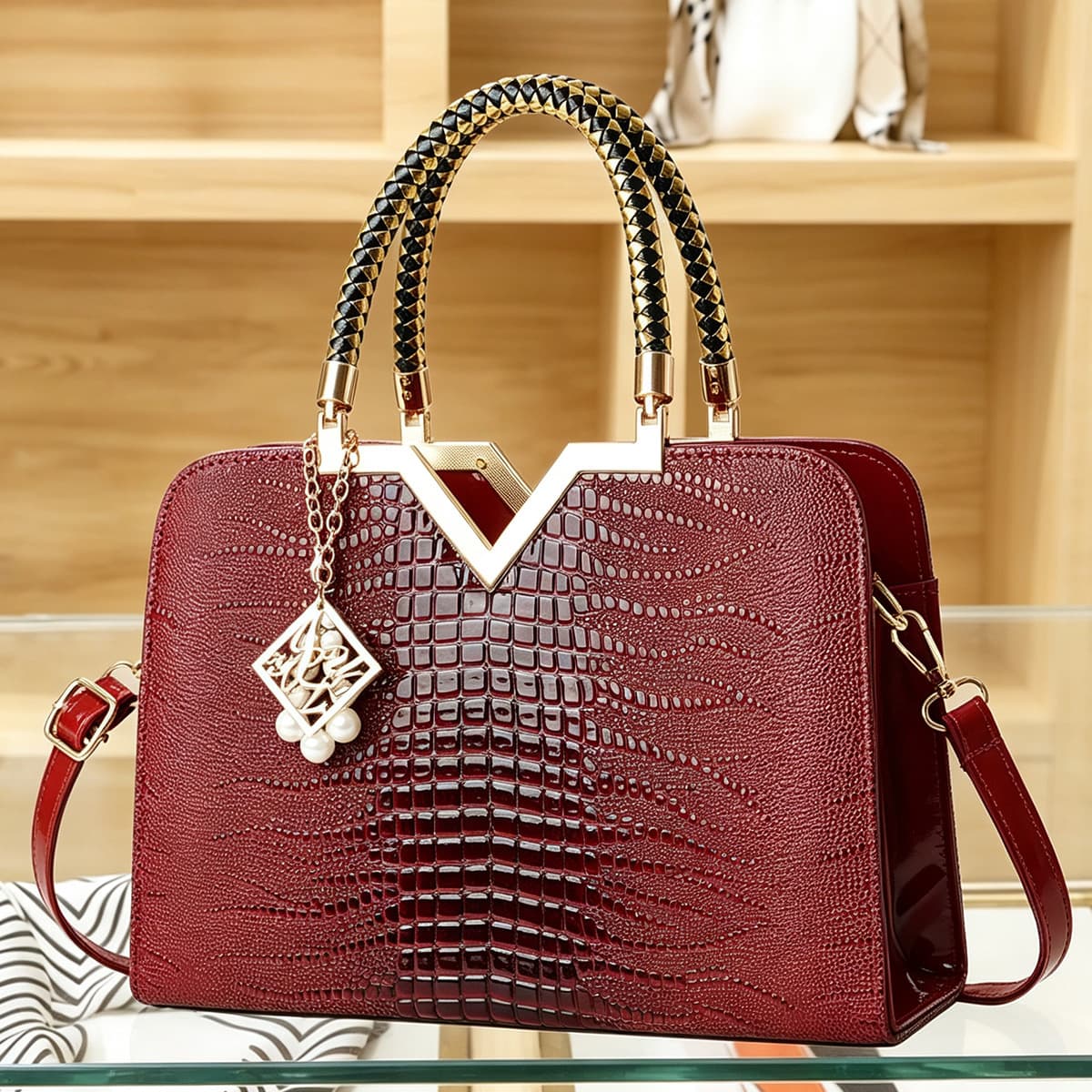 Cross-border hot-selling women's bag 2026 new crocodile pattern bright leather handbag European and American fashion shoulder crossbody bag mother bag