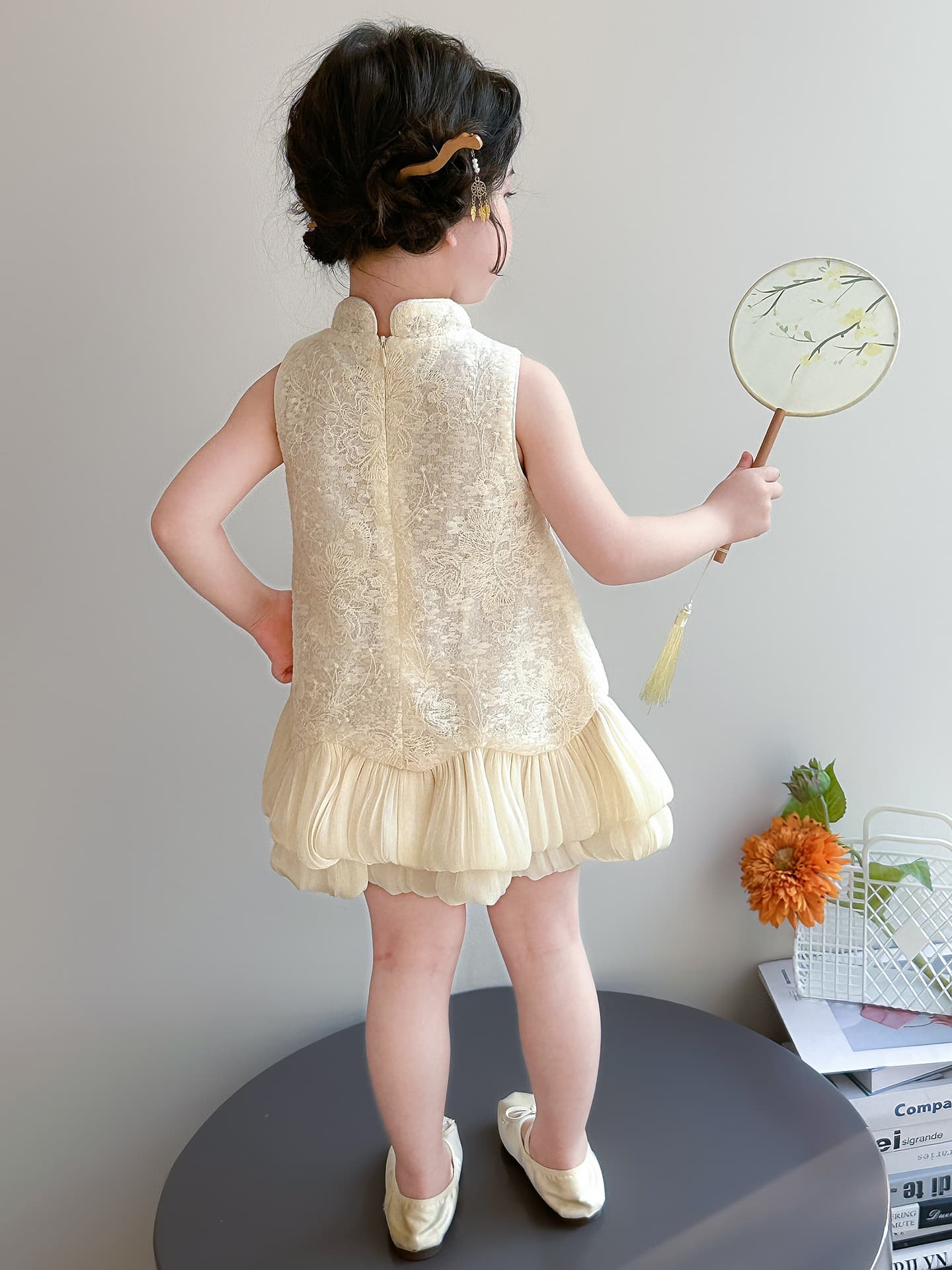 New Chinese Style Girls Short-Sleeve Cheongsam Summer Thin Baby Lace Princess Dress Children's Summer Vest Dress